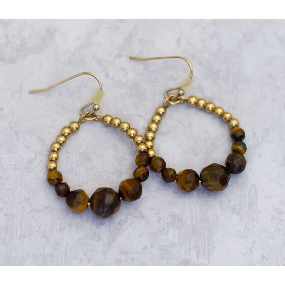 Vintage Beaded Bohemian Sphere Stone Gold Tone Dangle Earrings - CS1 - Picture 1 of 2